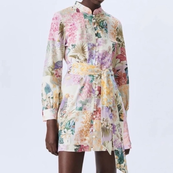 Bloggers favorite Zara tropical parrot dress women’s size Small  belted buttons - Picture 6 of 16